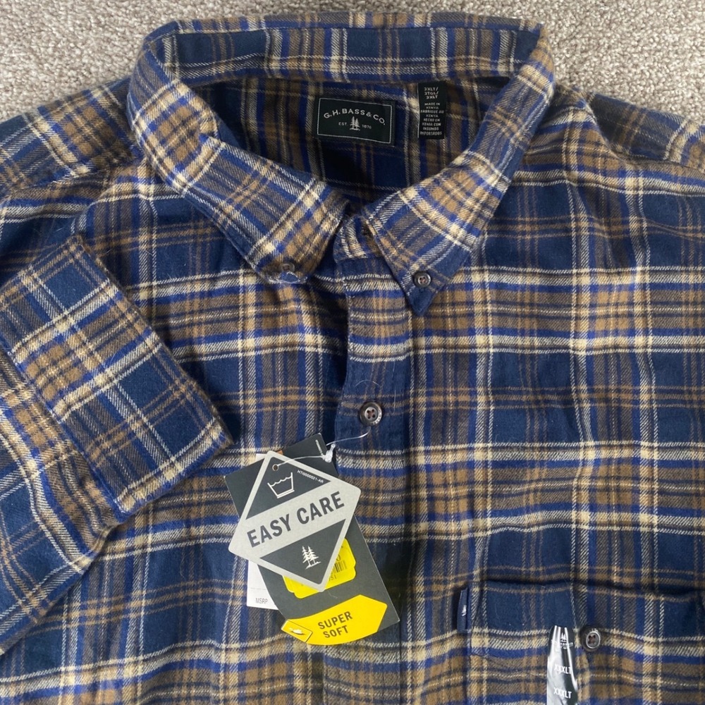 GH Bass Fireside Flannel Shirt Mens 3XLT Navy Blazer Plaid Button Down Soft